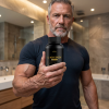 Generated with Kive.ai muscular 61 years old man holding bathroom in background
