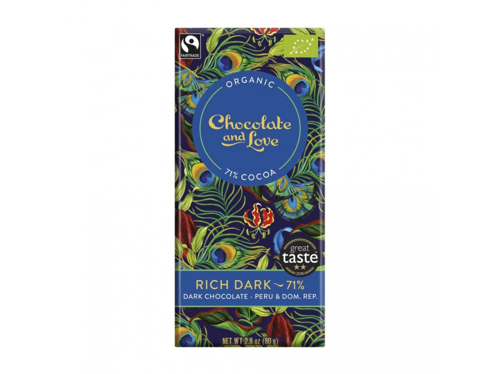 Veganská a bezlepková čokoláda Chocolate and Love Rich Dark 71 % s vyšším obsahem kakaa.