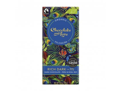 Veganská a bezlepková čokoláda Chocolate and Love Rich Dark 71 % s vyšším obsahem kakaa.