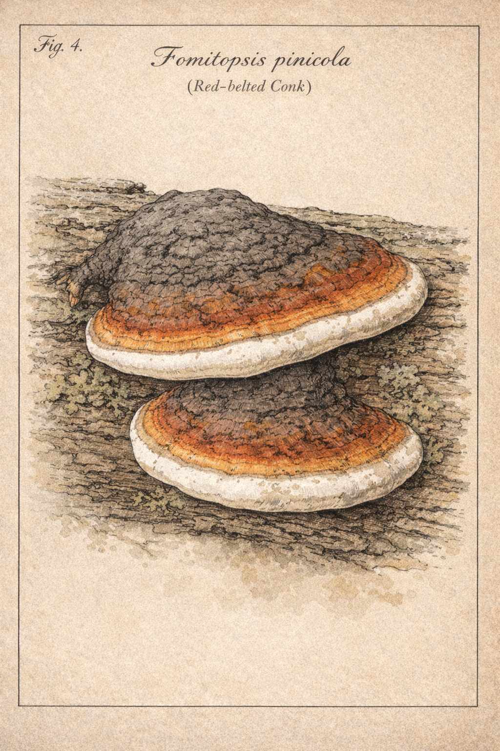 Fomitopsis pinicola – troudnatec pásovaný Fomitopsis pinicola – troudnatec pásovaný, botanická ilustrace
