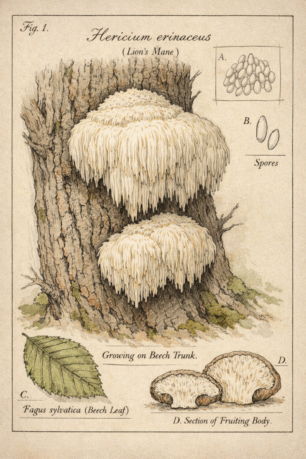 Hericium erinaceus – Lví hříva Hericium erinaceus – Lví hříva, botanická ilustrace