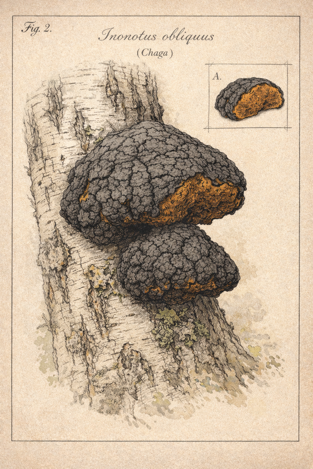 Inonotus obliquus - botanická ilustrace čagy