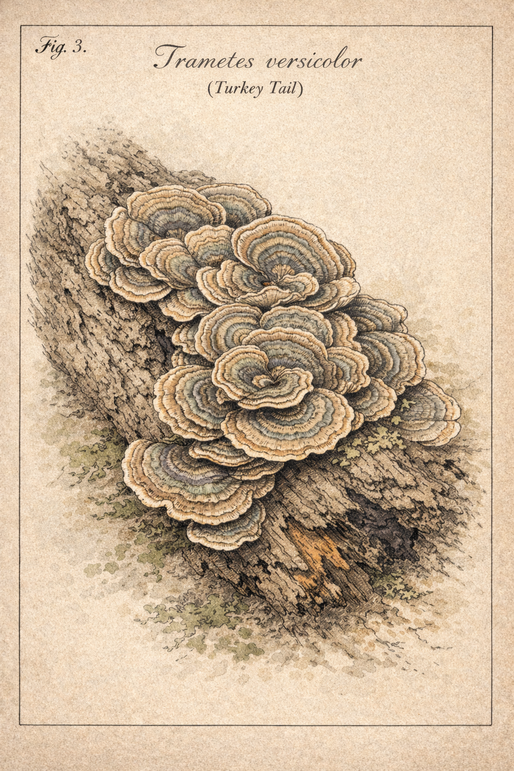 Trametes versicolor – Coriolus / outkovka pestrá Trametes versicolor – Coriolus / outkovka pestrá, botanická ilustrace