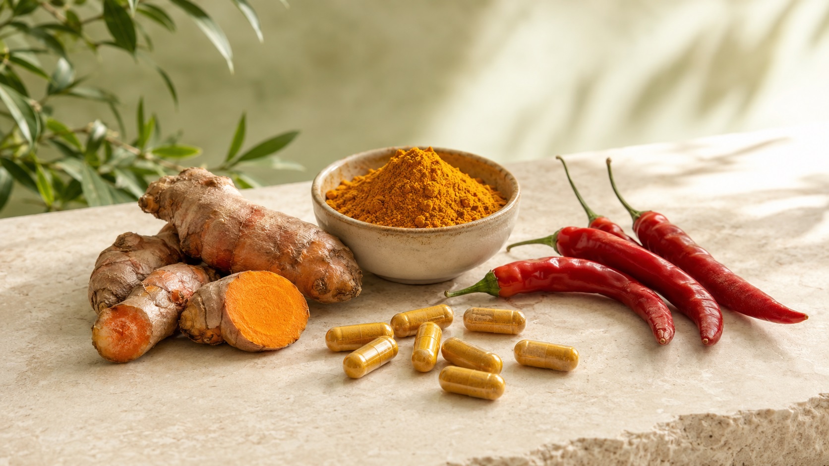 BIO kurkuma, kajenský pepř a rostlinné kapsle v přírodním zátiší