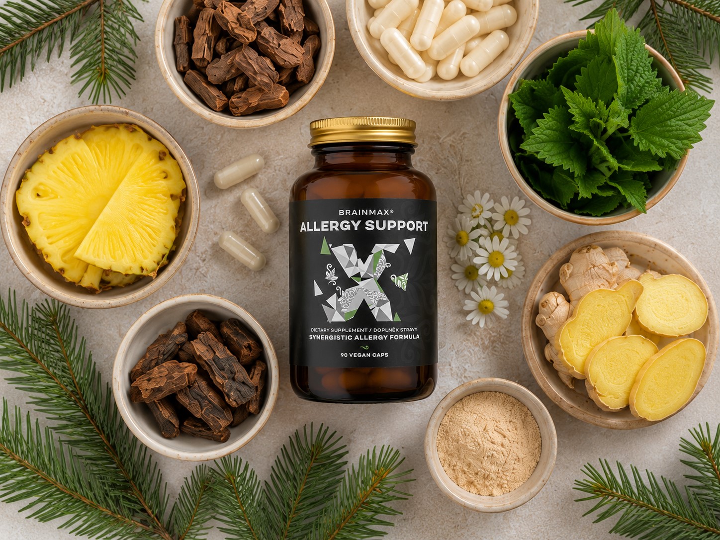 Kvercetin, bromelain, vitamín C, kopřiva, zázvor a další složky Allergy Support