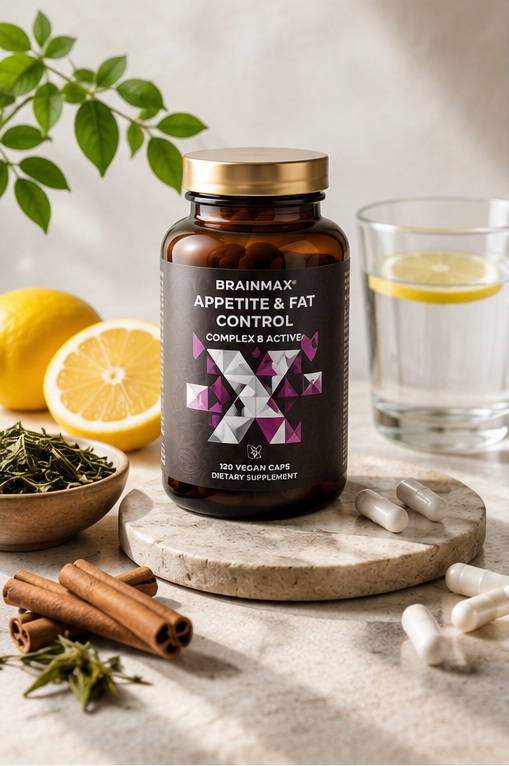 BrainMax Appetite & Fat Control s citronem, zeleným čajem, skořicí a sklenicí vody