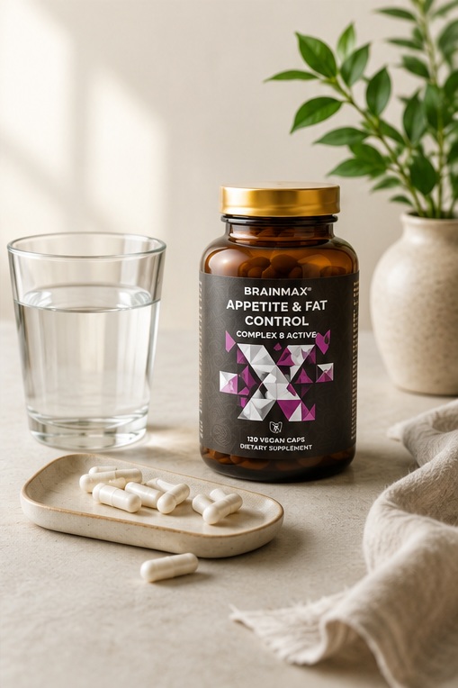 BrainMax Appetite & Fat Control, kapsle a sklenice vody