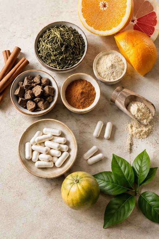 Citrusy, zelený čaj, skořice, kapsle a další suroviny v receptuře Appetite & Fat Control