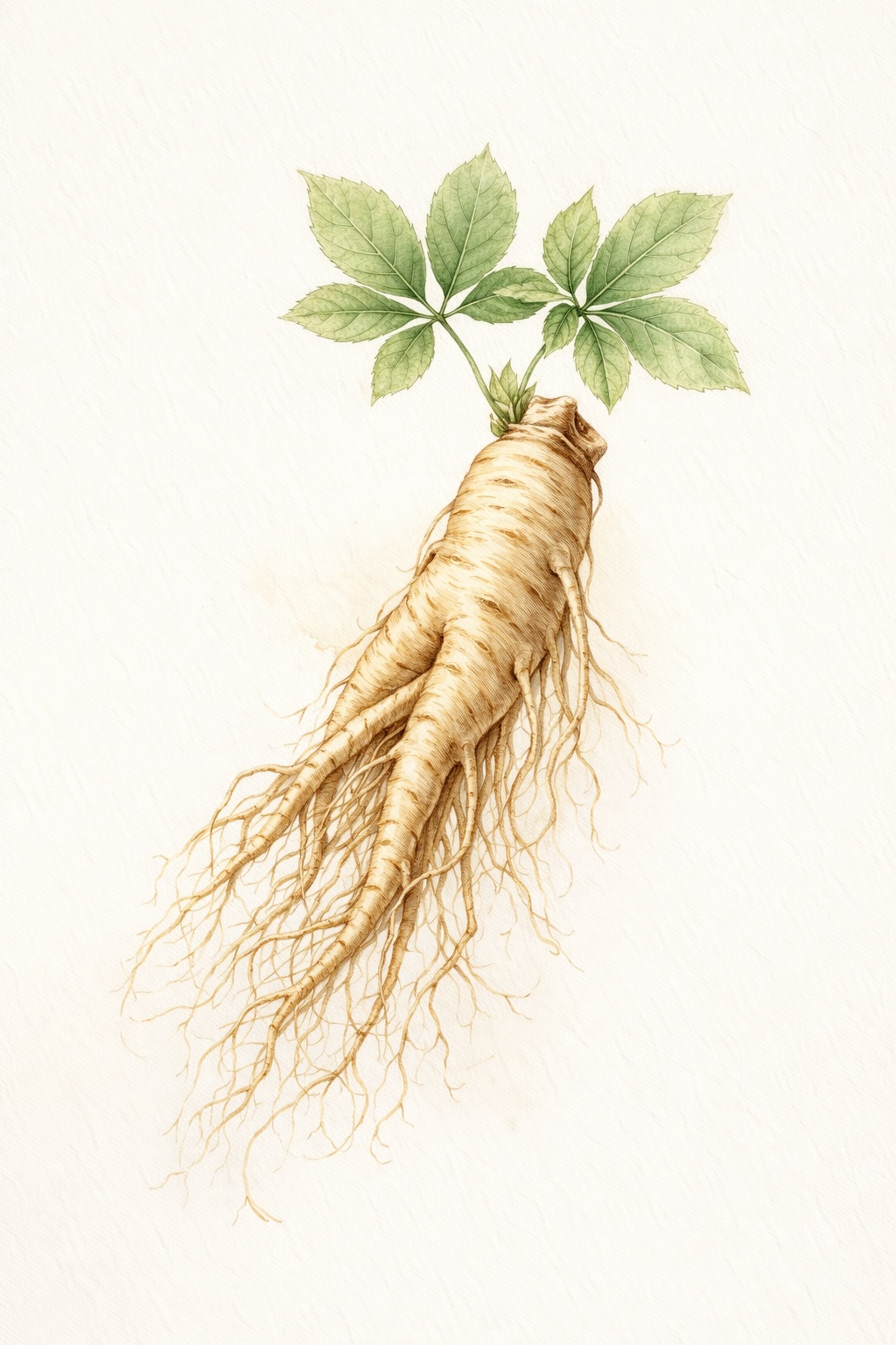 Ženšen (Panax ginseng) – botanická ilustrace