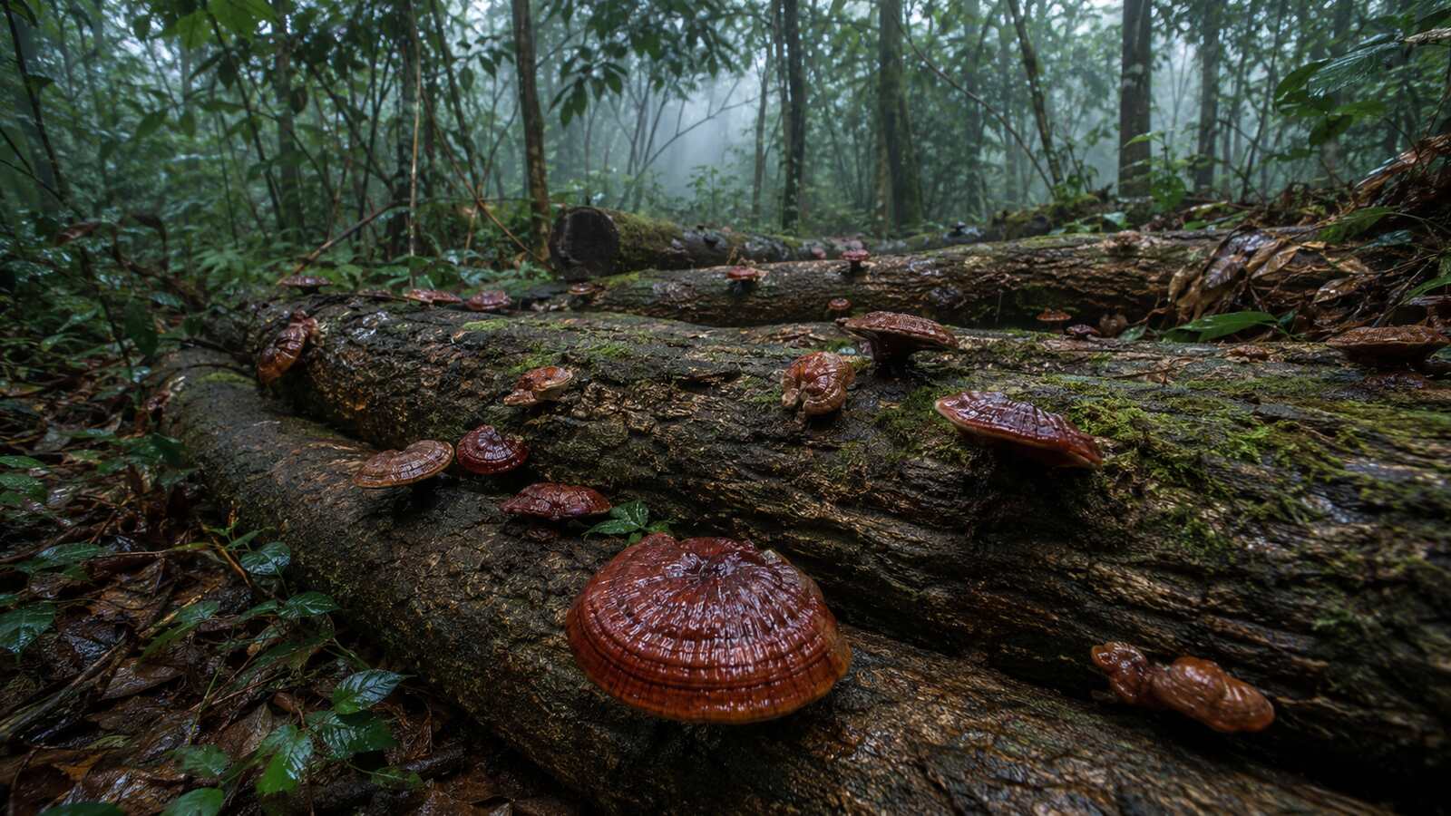 Duanwood Reishi rostoucí na dřevěných kmenech v horské krajině