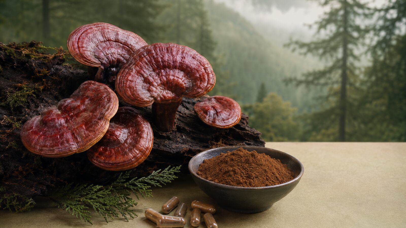 Reishi, jemný spórový prášek a rostlinné kapsle