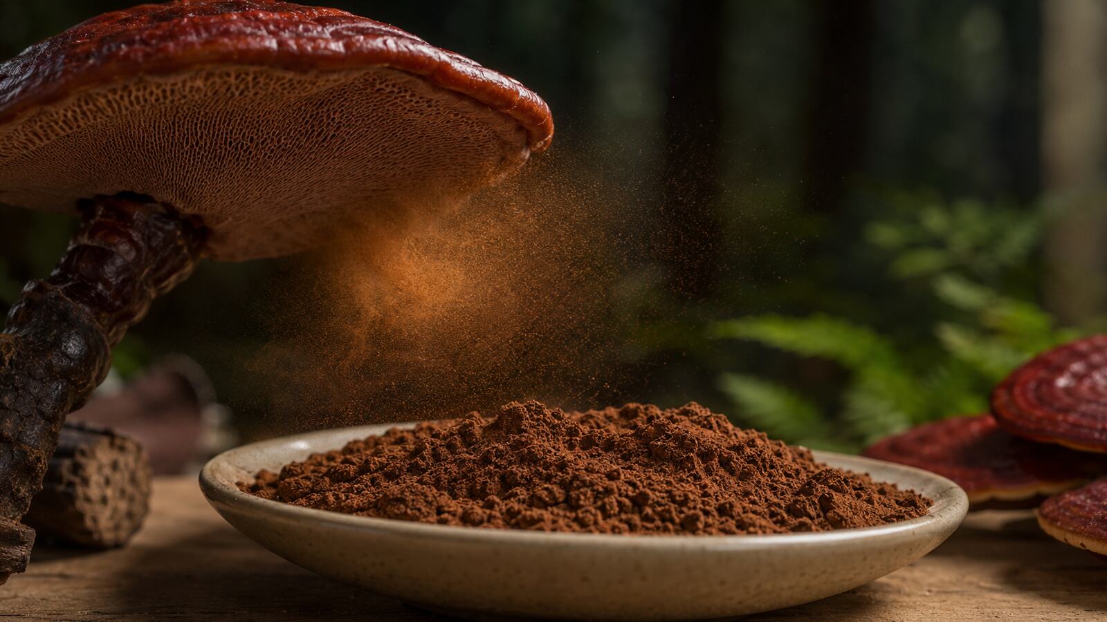 Detail spor Reishi a jemného prášku po mechanické dezintegraci