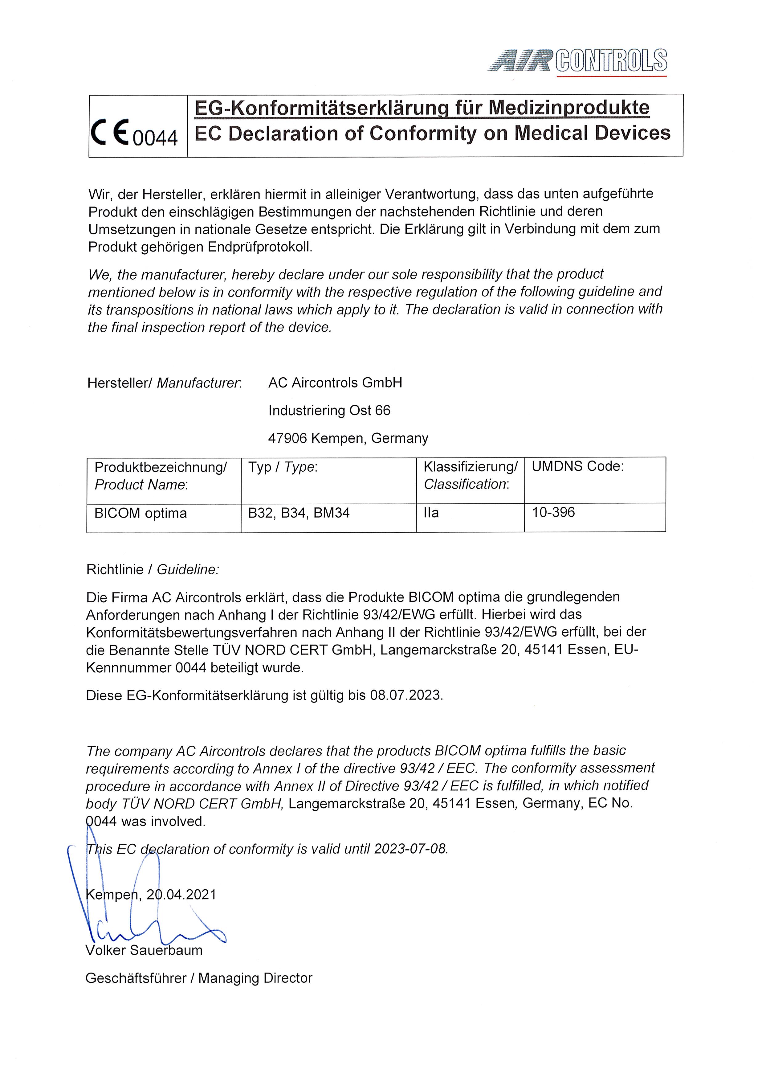 Certifikát Bicom Optima