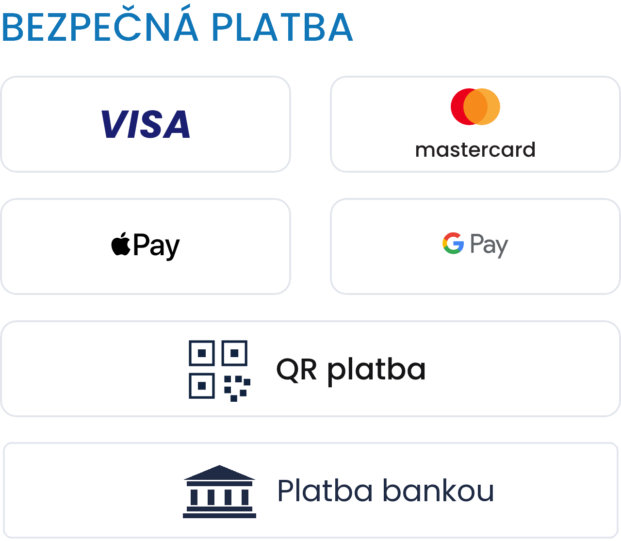 Přijímáme platbu kartou Visa a Mastercard, Apple Pay, Google Pay, QR platbu a platbu bankovním převodem