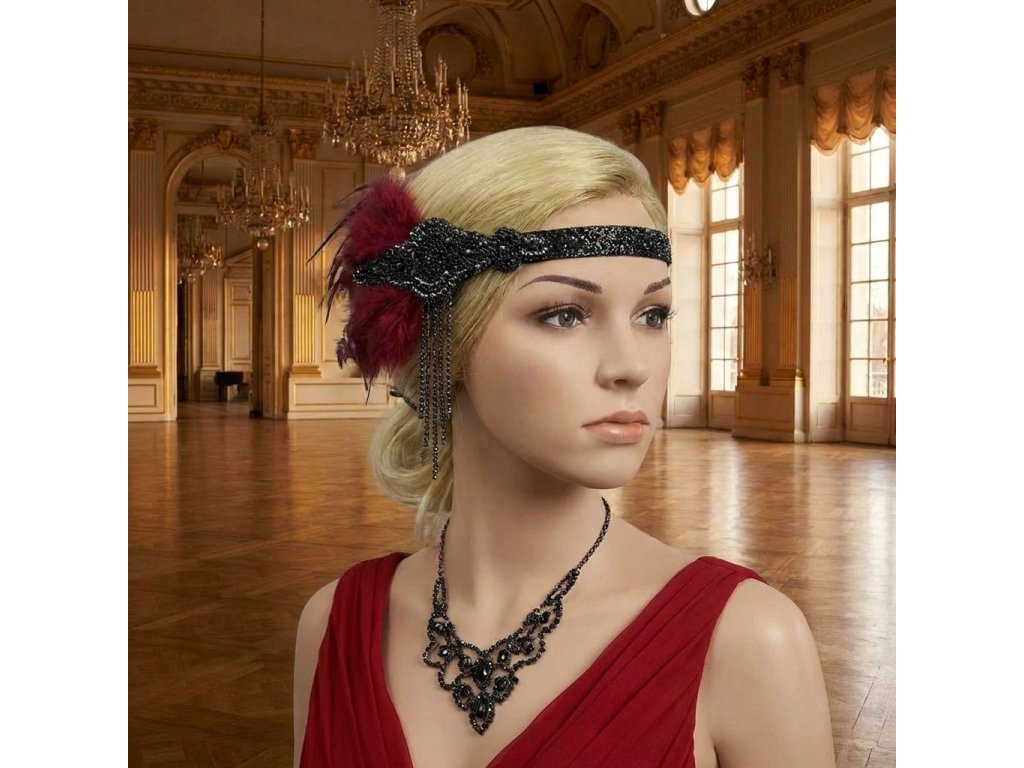 Vintage čelenka do vlasů s kamínky a červeným peřím