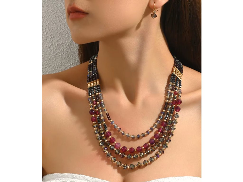 Vintage sada náhrdelníku a náušnic s vícevrstvými skleněnými korálky