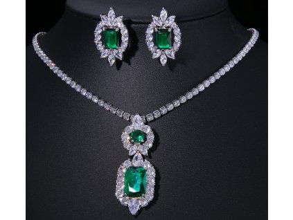 42737 damska zirkonova souprava green zircon drops bile pozlaceni