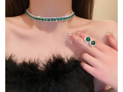 Postříbřená souprava choker náhrdelník s náušnicemi - zelená/ stříbrná