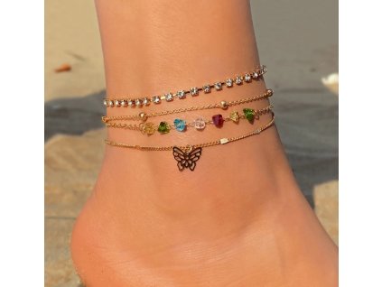 Vícevrstvý pozlacený řetízek na nohu s přívěskem Motýla a barevných kamínků