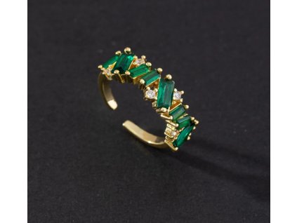 Dámský pozlacený nerezový prsten se zelenými krystaly