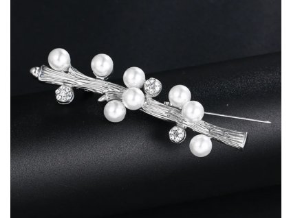 Módní postříbřená brož Větvička s perlami