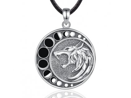 Vintage náhrdelník s přívěskem Vlka s fázemi měsíce - Stříbro 925