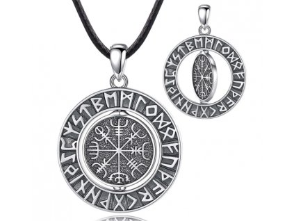 Vikingský náhrdelník Severský kompas "Vegvísir" s runami - Stříbro 925