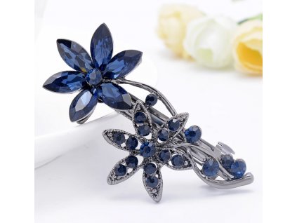 Květinová spona do vlasů Double Flowers - modrá/stříbrná