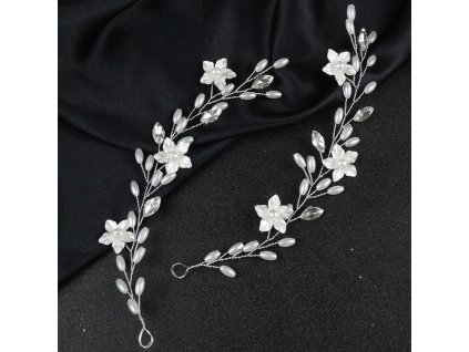Ozdoba do vlasů s květy a perlami, 2 ks - stříbrná