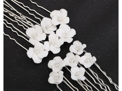 Sada vlásenek s bílými akrylovými květy - 12 ks