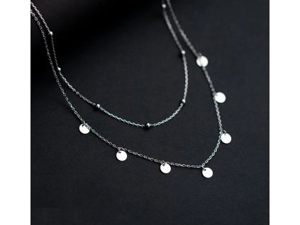 Jemný dvojitý náhrdelník s přívěsky perliček a koleček - Stříbro 925