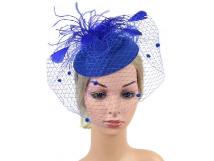 Dámský fascinátor klobouček s peřím a závojem - modrý