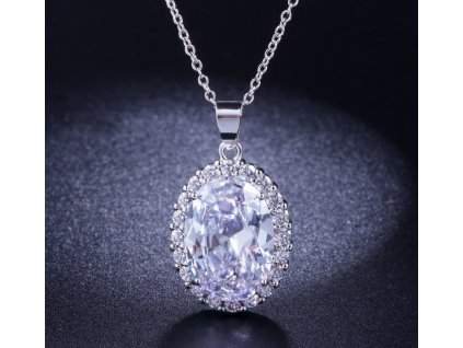 Dámský náhrdelník s oválným krystalovým přívěskem - bílé pozlacení