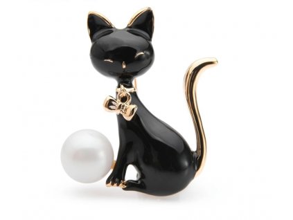 Brož černá Kočka s perlou