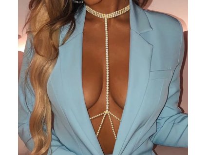 Sexy štrasový choker s ozdobnými řetízky na hrudník