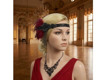 Vintage čelenka do vlasů s kamínky a červeným peřím