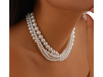 Choker náhrdelník ze čtyř vrstev bílých perel s černou stuhou