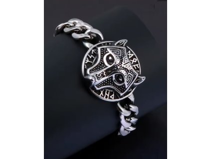 Masivní vikingský náramek z nerezové oceli s přívěskem vlka