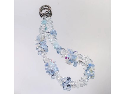 Řetízek na mobil s čirými korálky a světle modrými květy