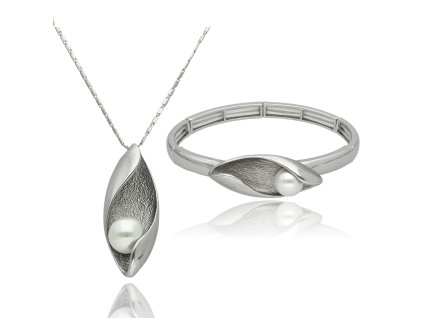Luxusní dárkový set náhrdelníku a náramku YVON s perlou SHELL ve stříbrném provedení 1