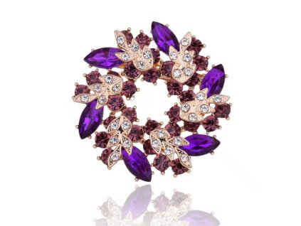 Pozlacená brož ve tvaru věnce s fialovými krystaly