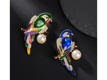Pozlacená brož ve tvaru papouška s perlou – zelená nebo modrá varianta
