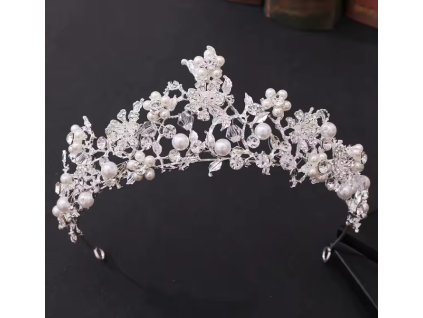 Luxusní postříbřená tiára do vlasů s krystaly a perlovými květy