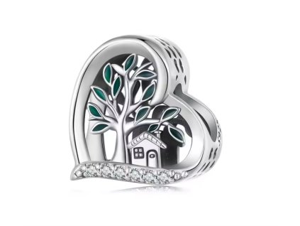 Stříbrný korálek ve tvaru srdce se zirkony, domečkem a stromem - Stříbro 925
