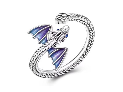 Postříbřený otevřený prsten ve tvaru draka