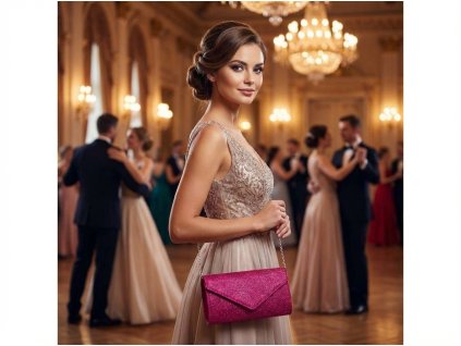 Sytě růžová třpytivá dámská kabelka se stříbrným řetízkem