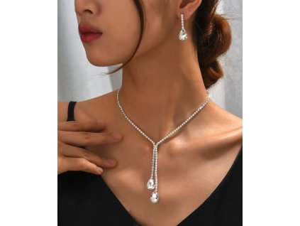 Postříbřená souprava náhrdelníku a náušnic s kapkovitými krystaly