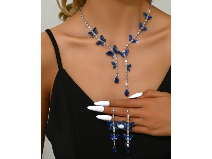 Postříbřená souprava s modrými zirkonovými motýly