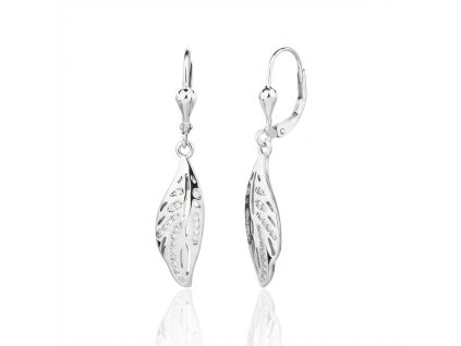 Stříbrné náušnice List s bílými zirkony – klapka