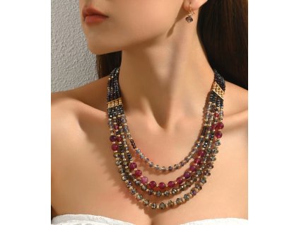 Vintage sada náhrdelníku a náušnic s vícevrstvými skleněnými korálky